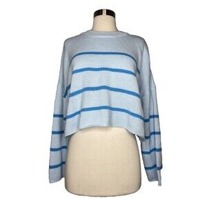 Jessica Simpson Sweater Women Medium Blue Striped Long Sleeve Cropped Crewneck